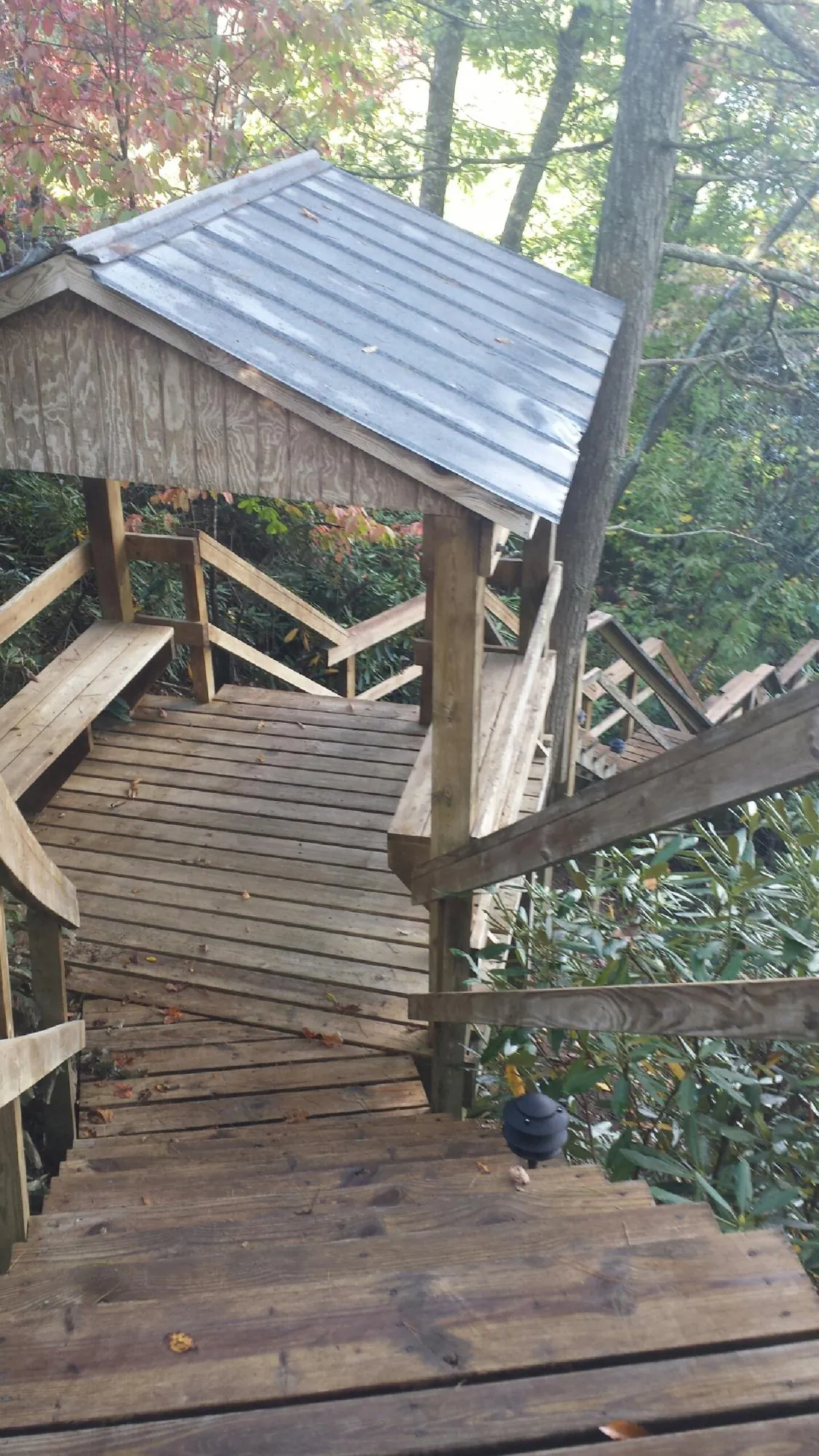 Metal roofed shelter over wooden steps on a wooded walkway — Skylight Repair & Installation work by our crew in Conyers